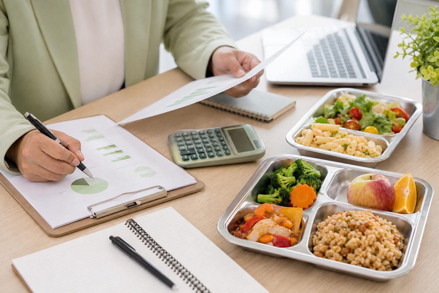 Meal program planning documents beside healthy school meal trays