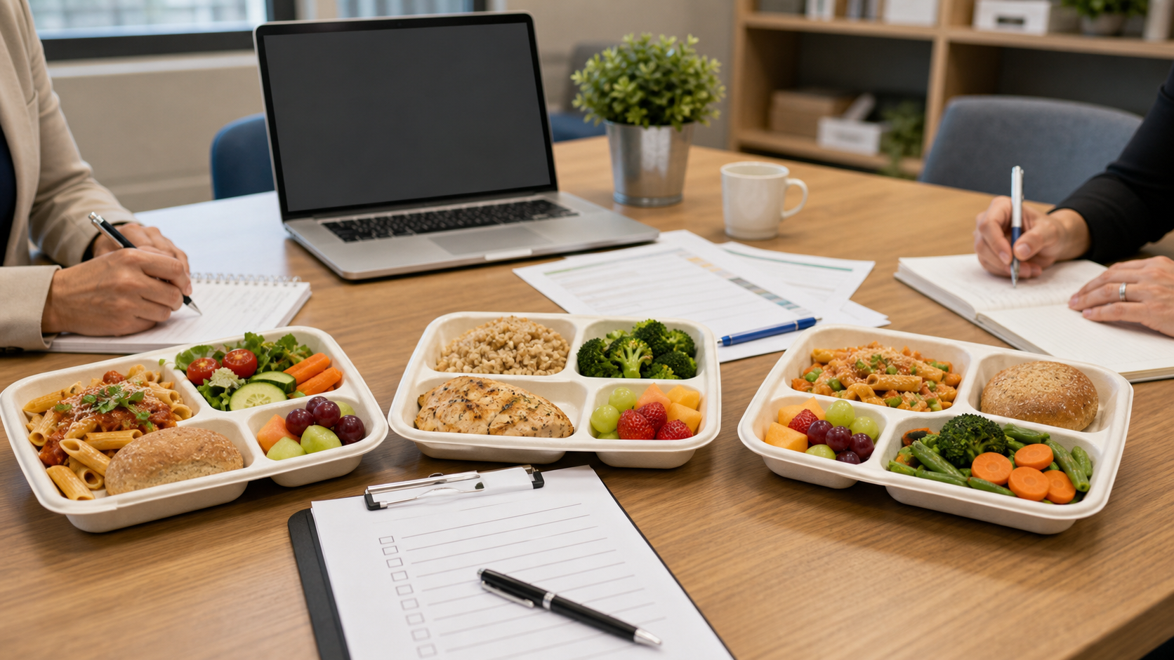 Sample meal trays and a checklist used to compare school meal caterers