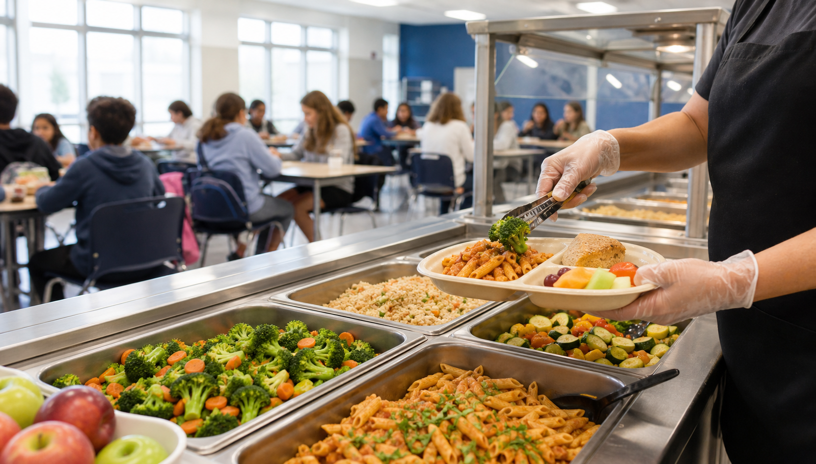 Hot lunch service line in a charter school cafeteria